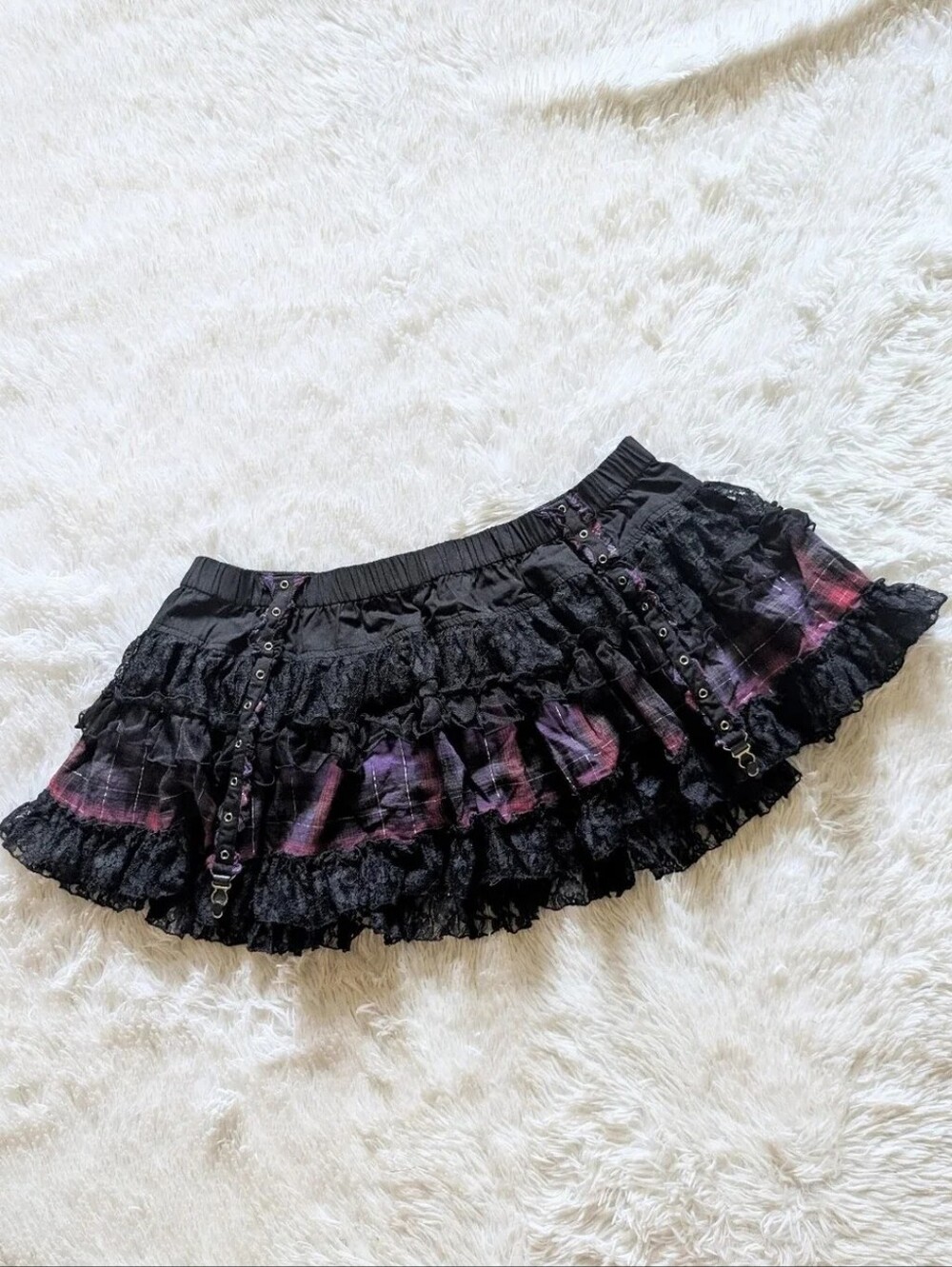 Tripp NYC Garter Strap Purple Plaid & Lace Mallgoth Vintage Mini Skirt XL